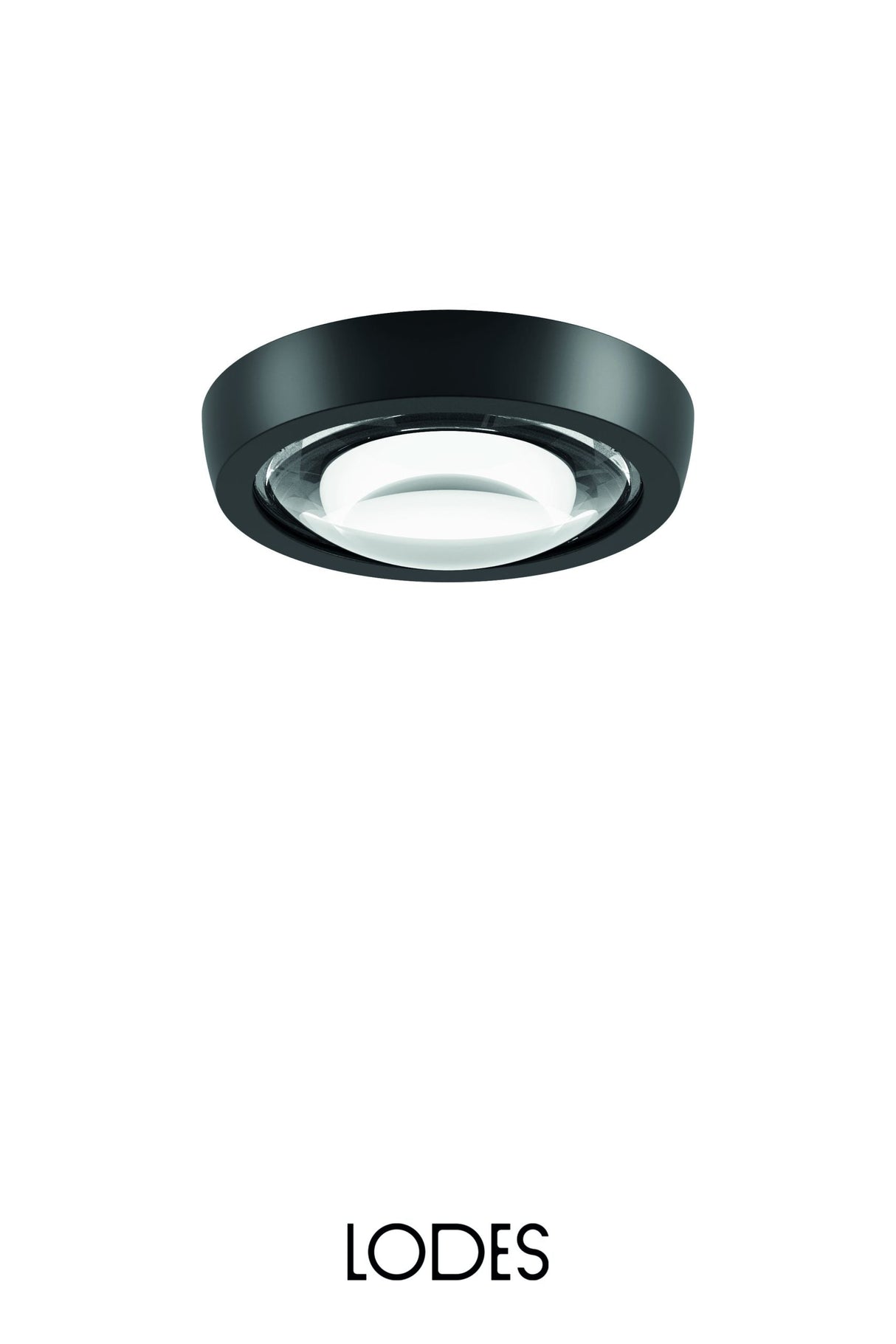 Lodes Nautilus Spot black round ceiling light with glass diffuser on white background
