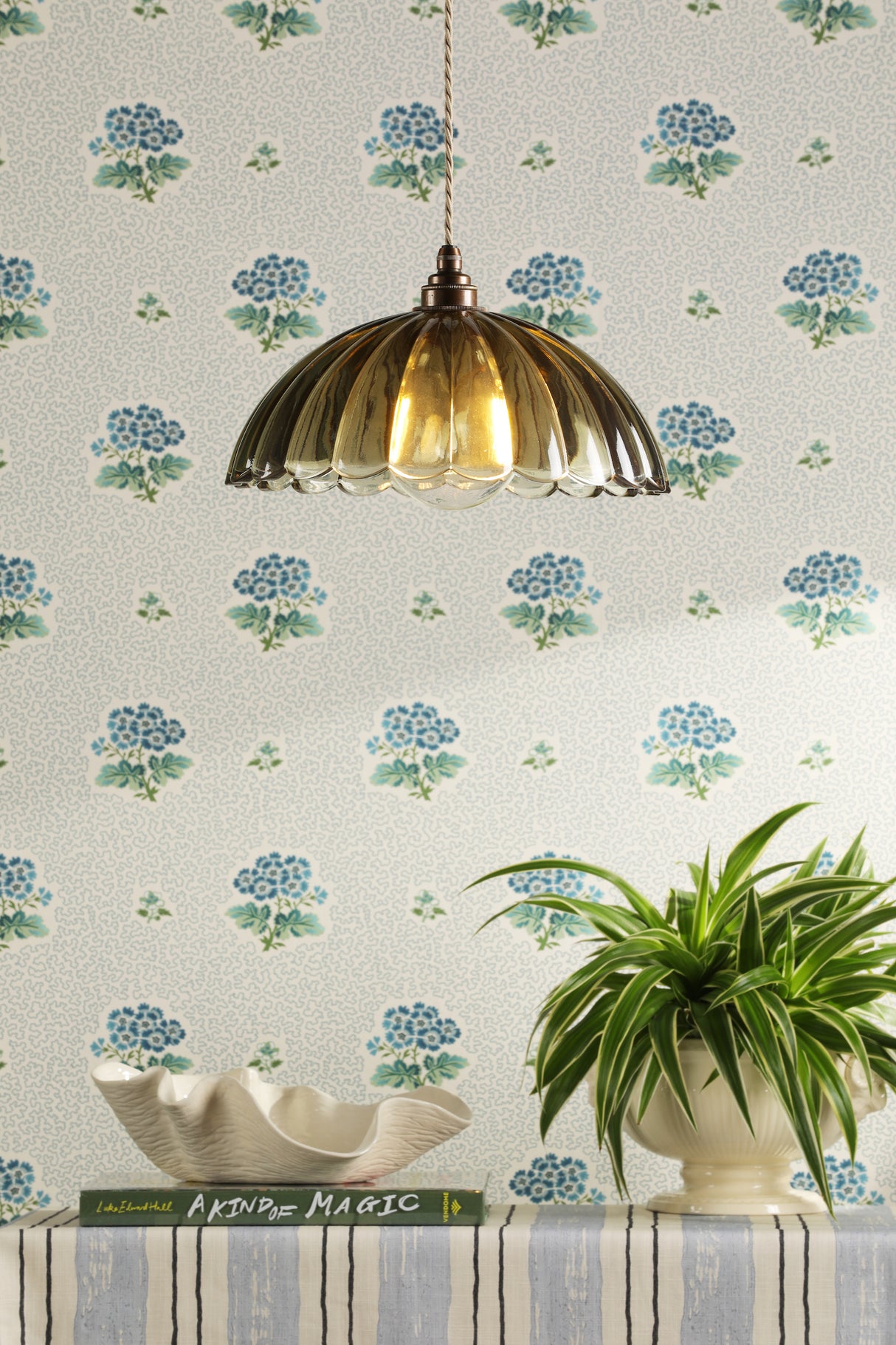 David Hunt Mabel Pendant Moss Green Ribbed Glass and Antique Brass