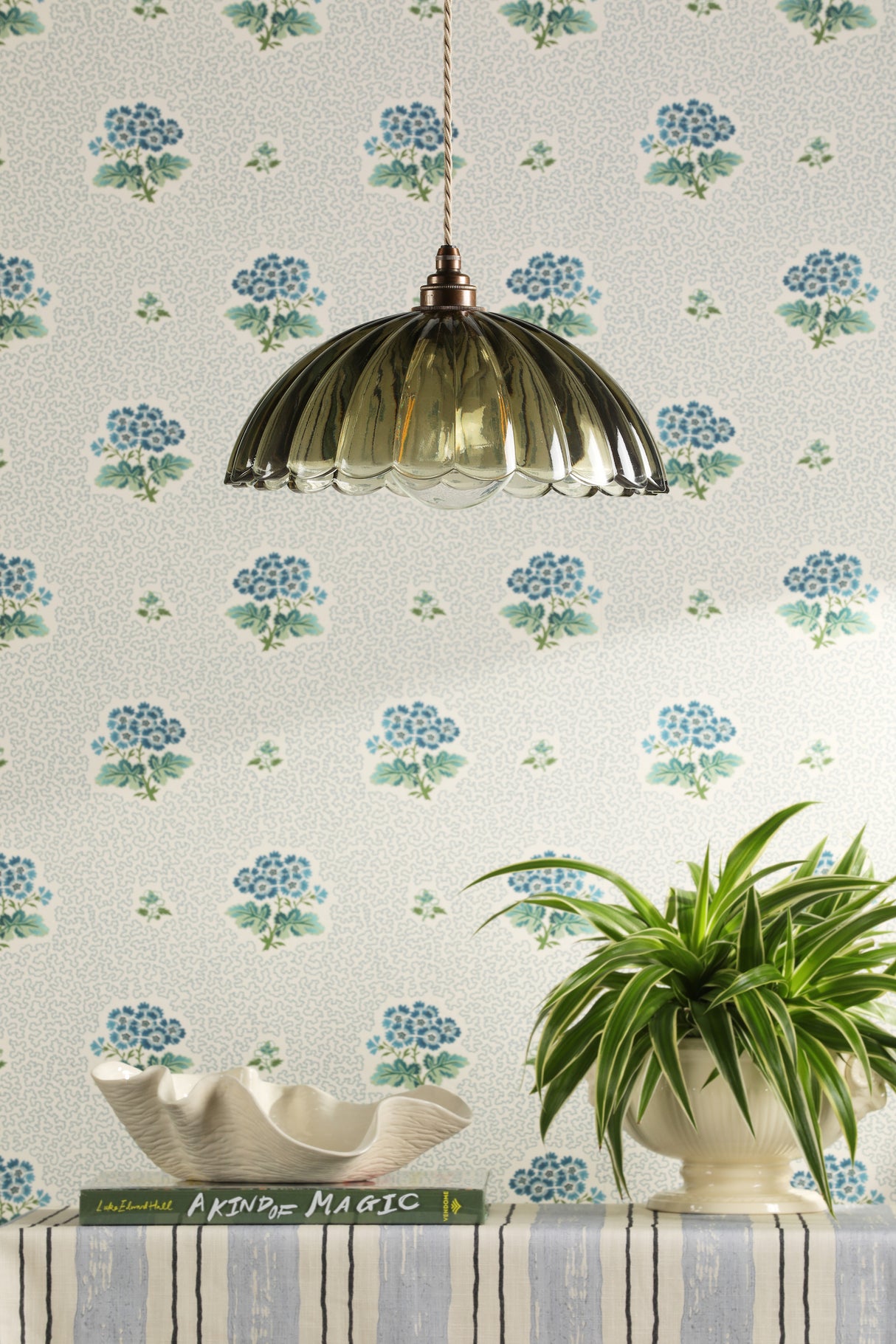 David Hunt Mabel Pendant Moss Green Ribbed Glass and Antique Brass