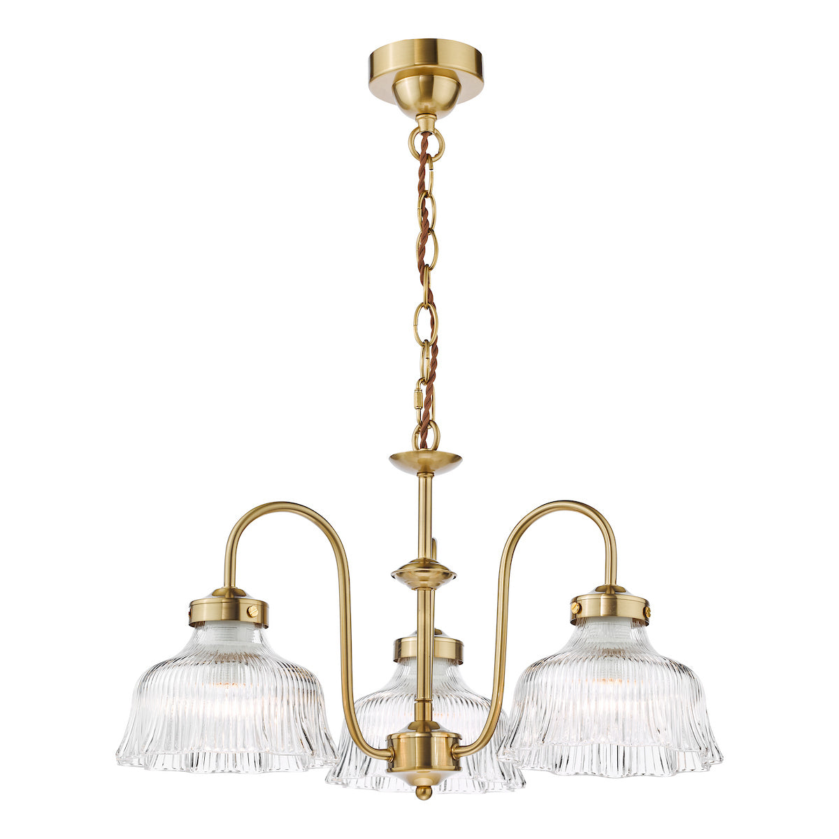 Dar Maude 3 Light Armed Pendant Natural Brass and Ribbed Glass