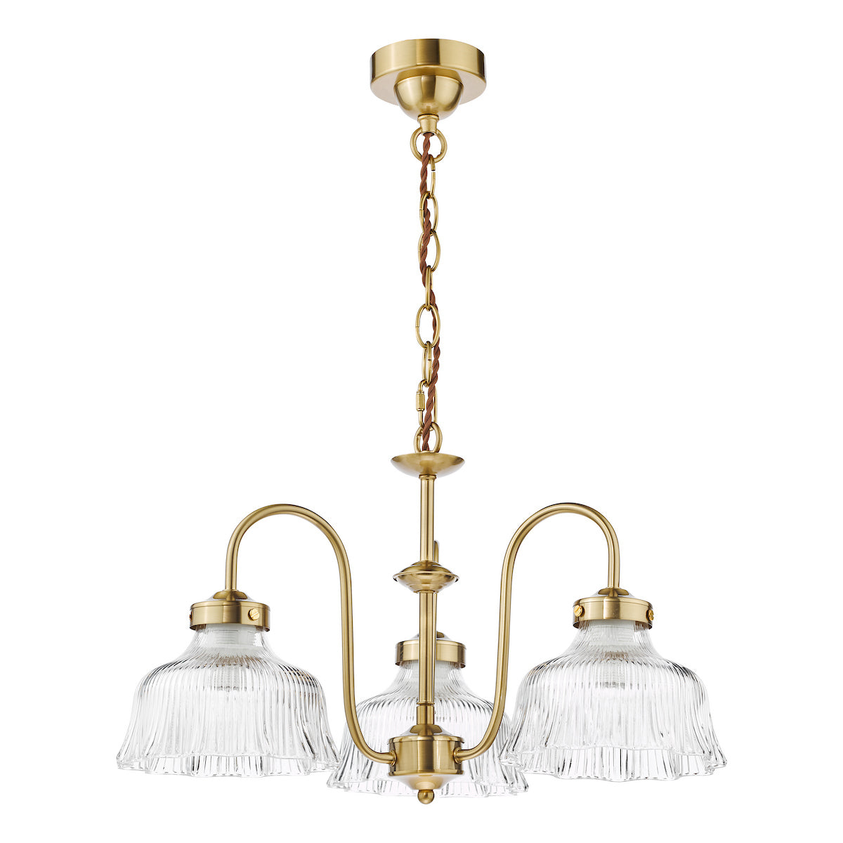 Dar Maude 3 Light Armed Pendant Natural Brass and Ribbed Glass