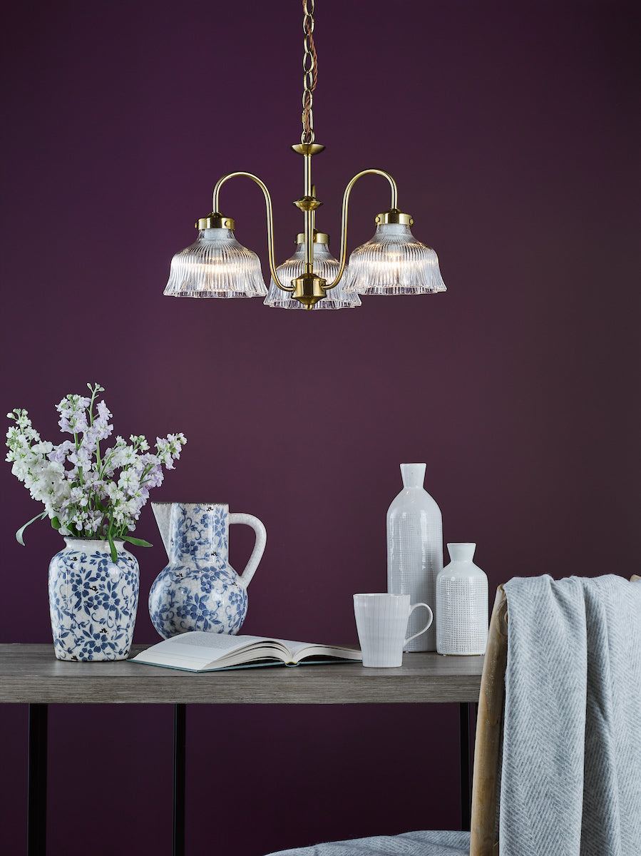 Dar Maude 3 Light Armed Pendant Natural Brass and Ribbed Glass