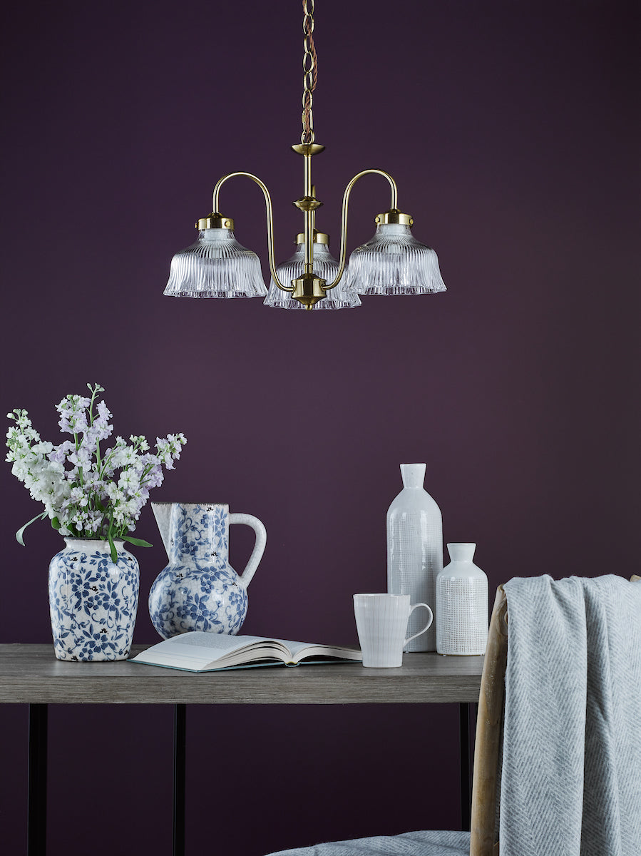 Dar Maude 3 Light Armed Pendant Natural Brass and Ribbed Glass