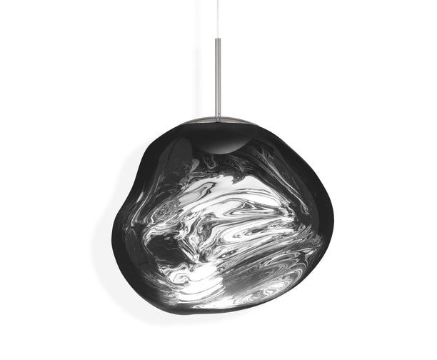 Melt LED pendant light with chrome finish and organic, fluid-shaped shade hanging from ceiling