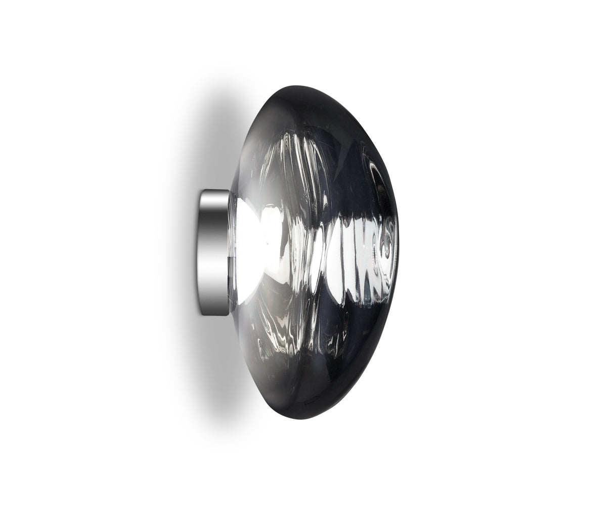 Chrome wall-mounted LED light fixture with smoky glass dome and reflective surface