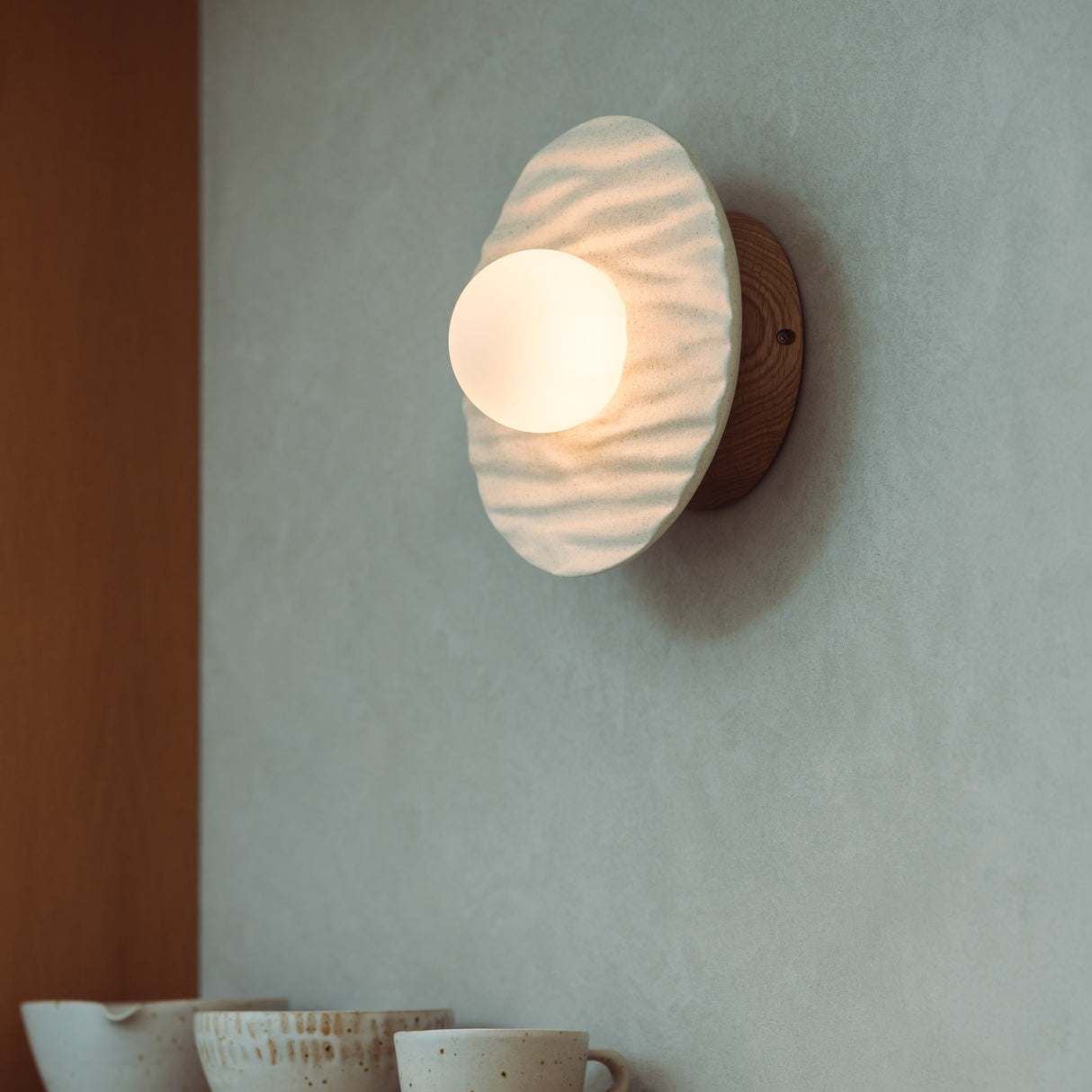 Studio Haran Porth Flush Wall Light in Ceramic and Oak