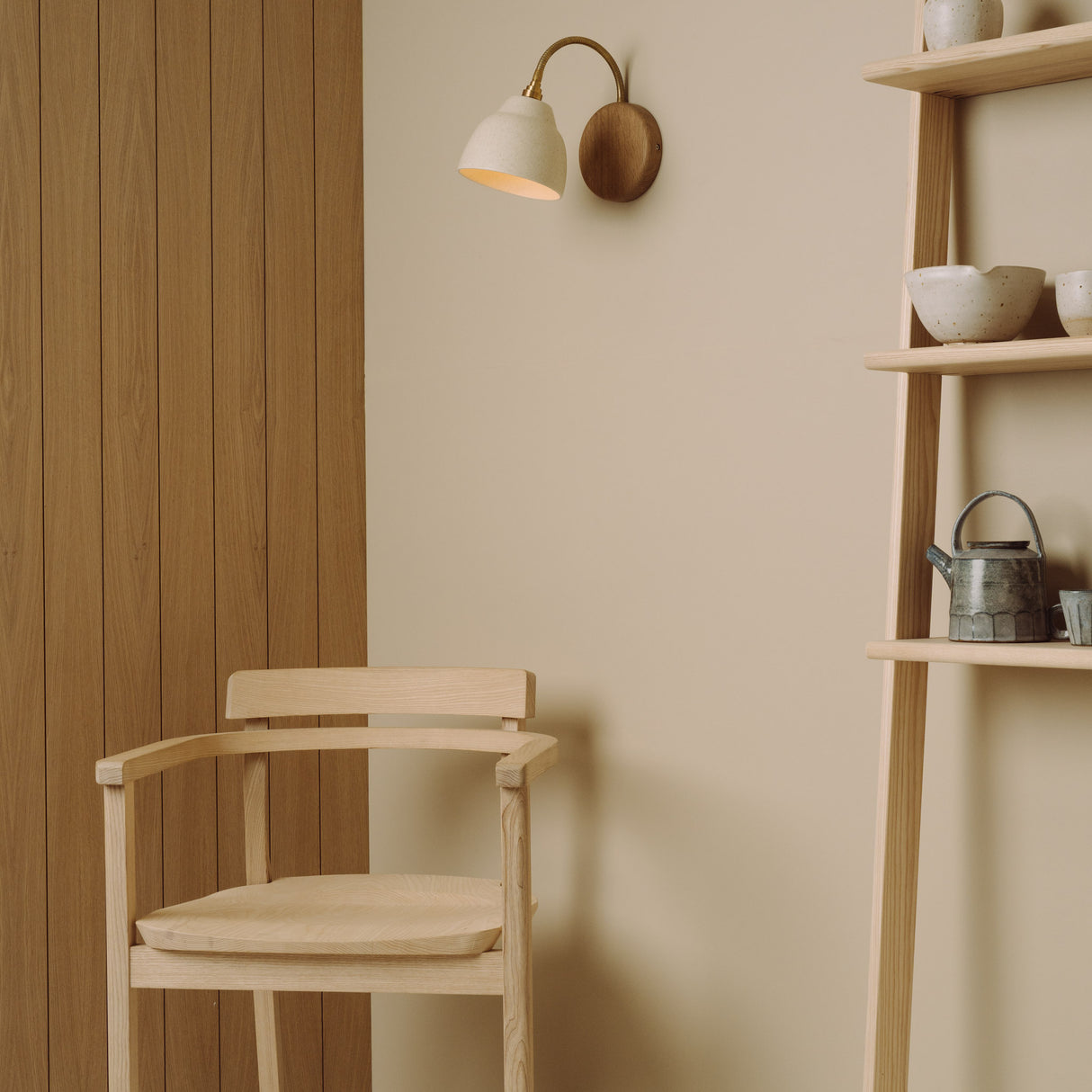 Studio Haran Flex Wall Light in Brass/Nickel, Ceramic and Oak