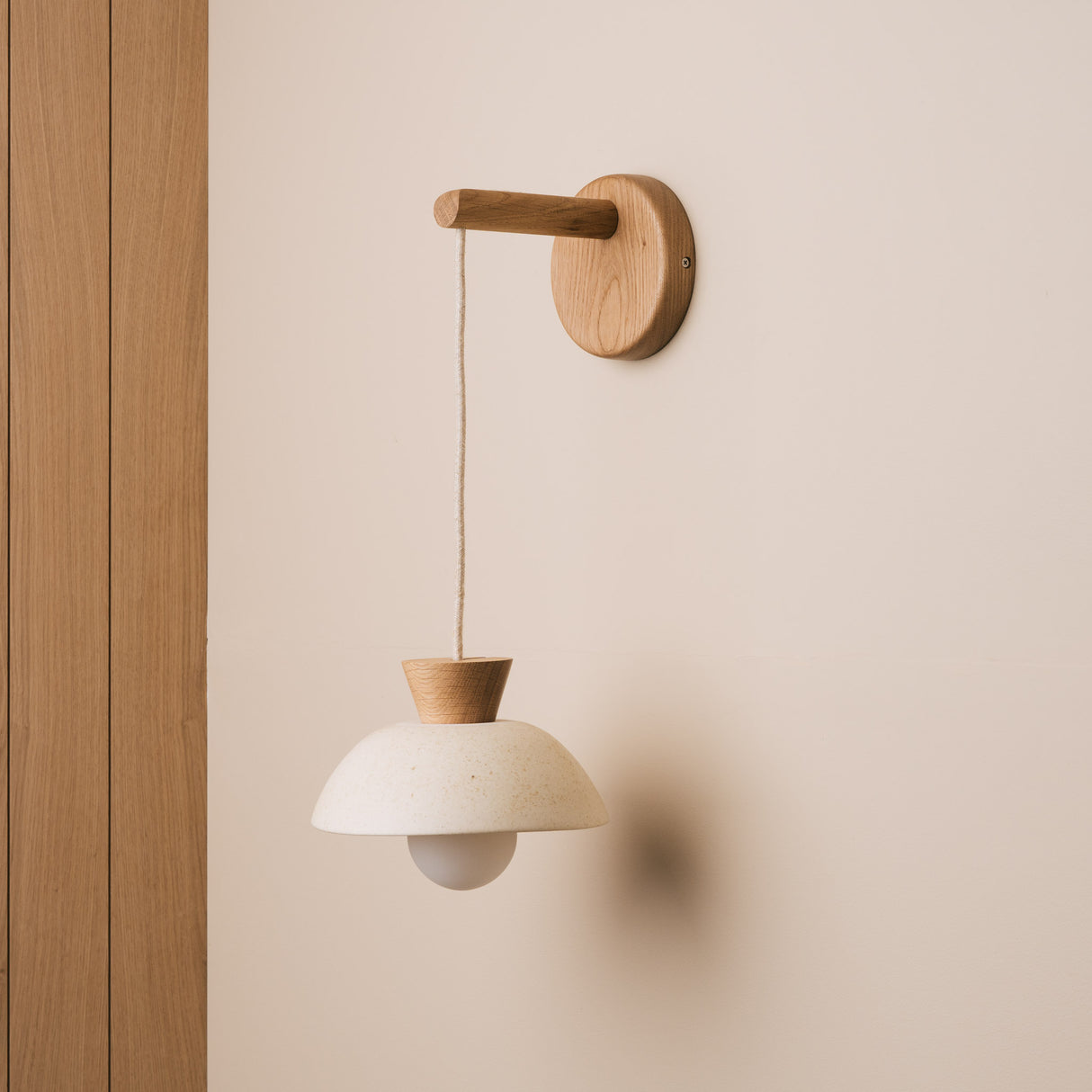 Studio Haran Small Dawn Hanging Wall Light in Ceramic and Oak