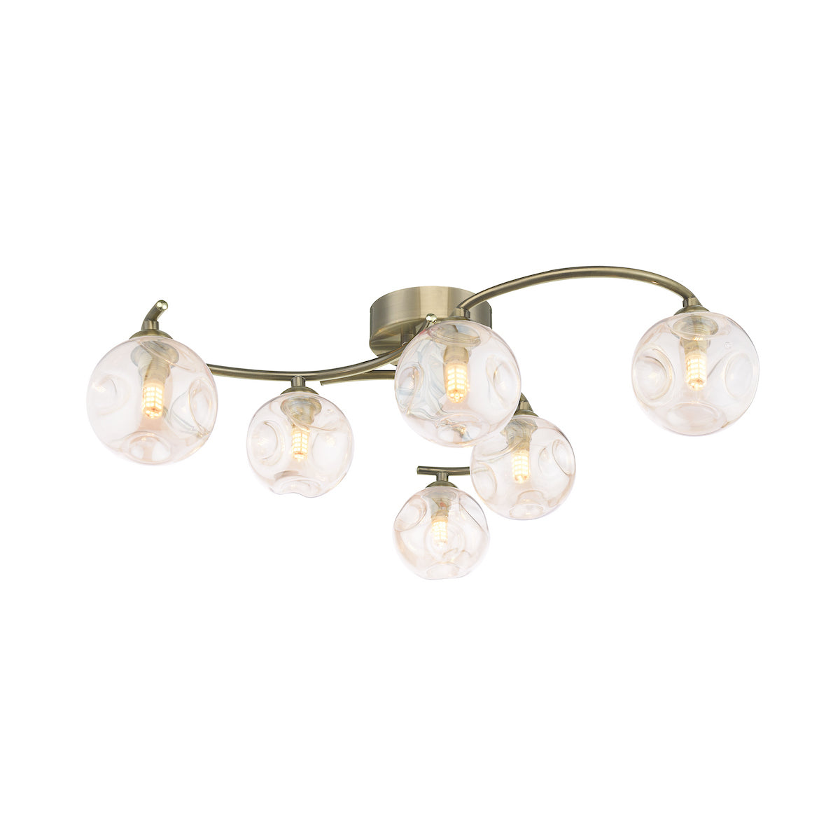 Dar Nakita 6 Light Semi Flush Antique Brass With Closed Organic Amber Glass