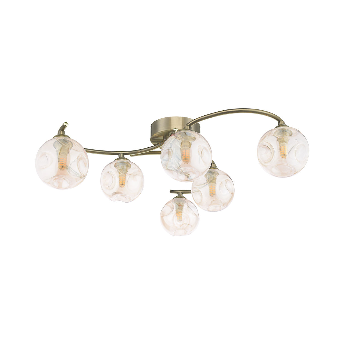 Dar Nakita 6 Light Semi Flush Antique Brass With Closed Organic Amber Glass