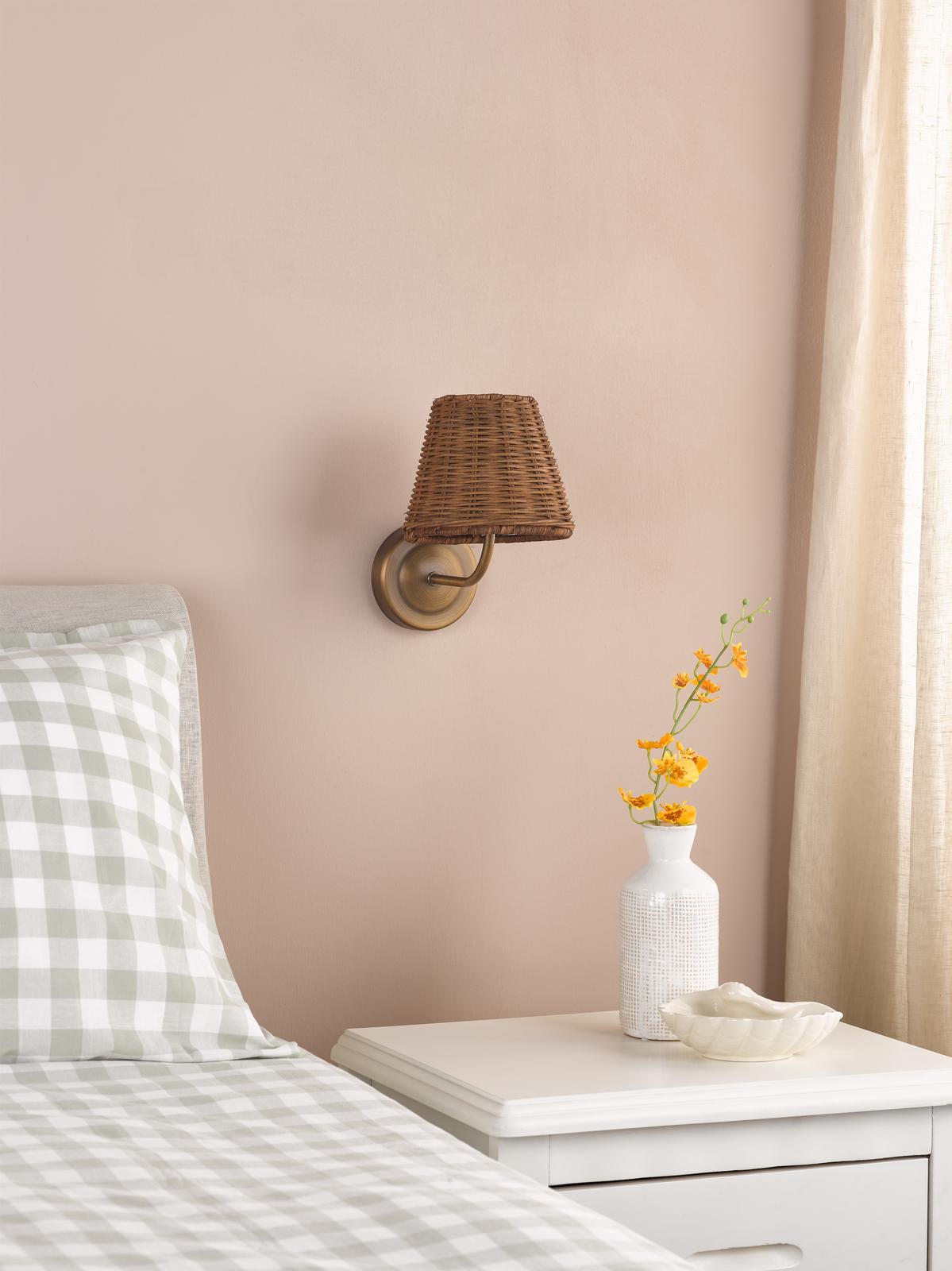 Dar Navarro Rechargeable Wall Light Antique Bronze With Rattan Shade LED
