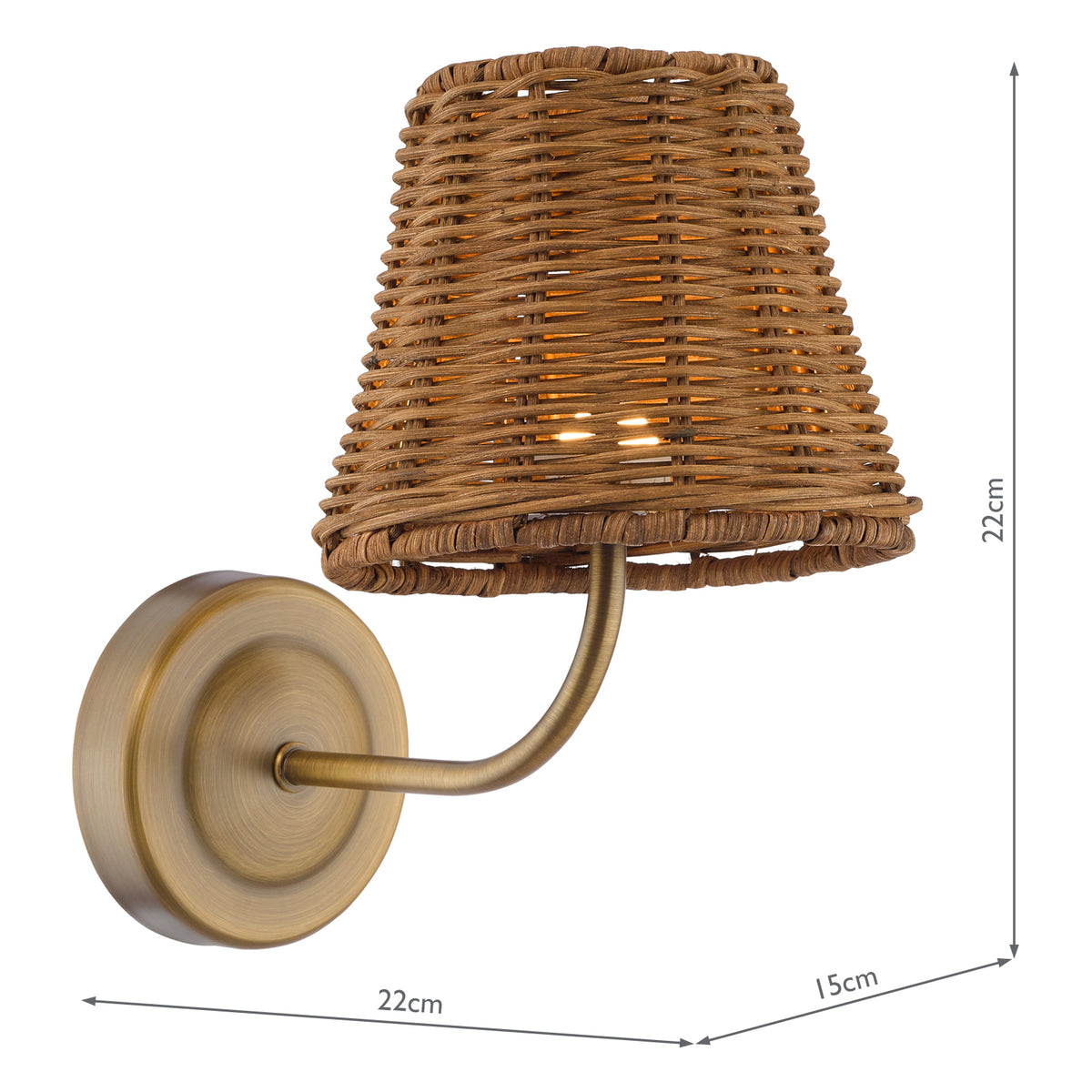 Dar Navarro Rechargeable Wall Light Antique Bronze With Rattan Shade LED