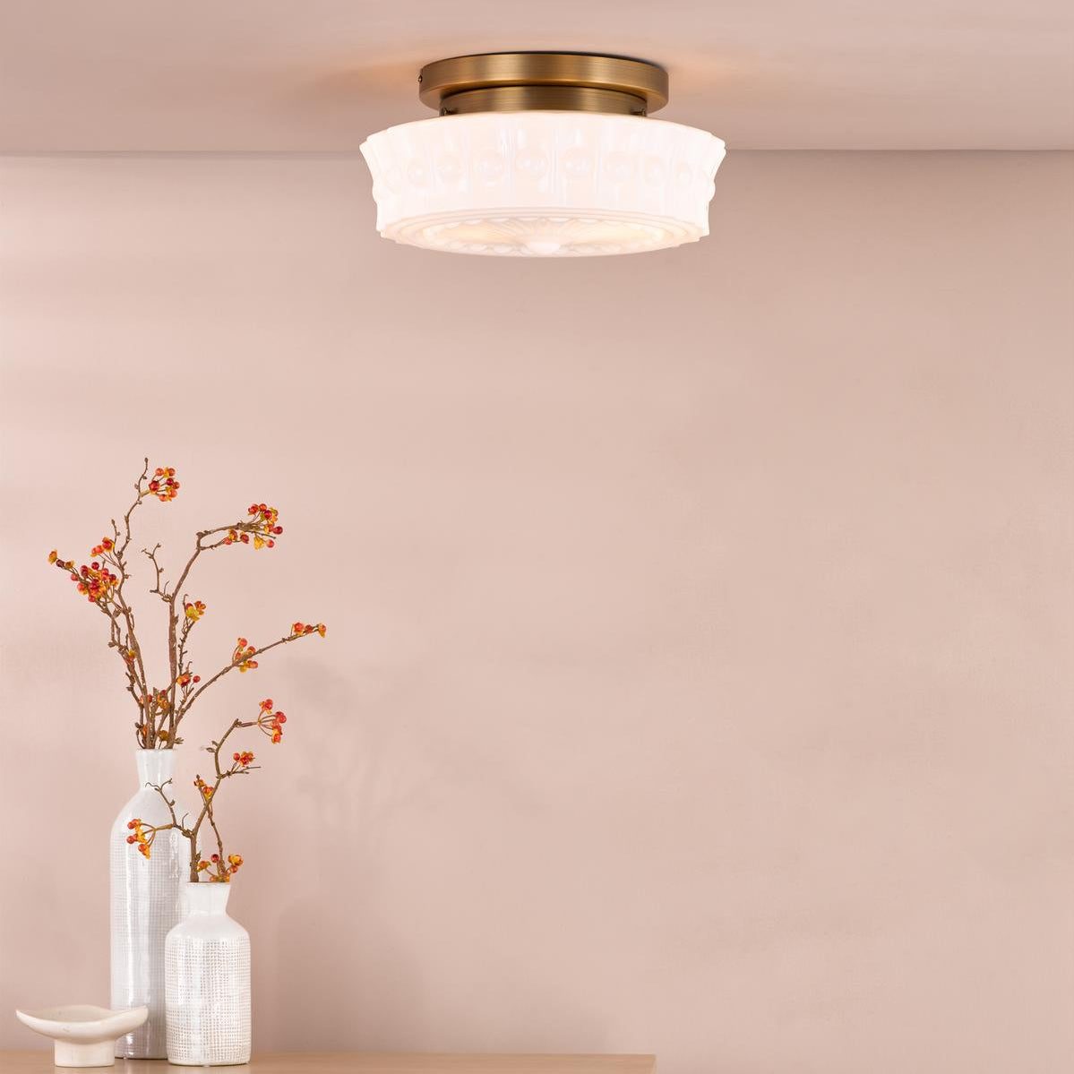Dar Neema 2 Light Flush Opal Glass and Antique Bronze