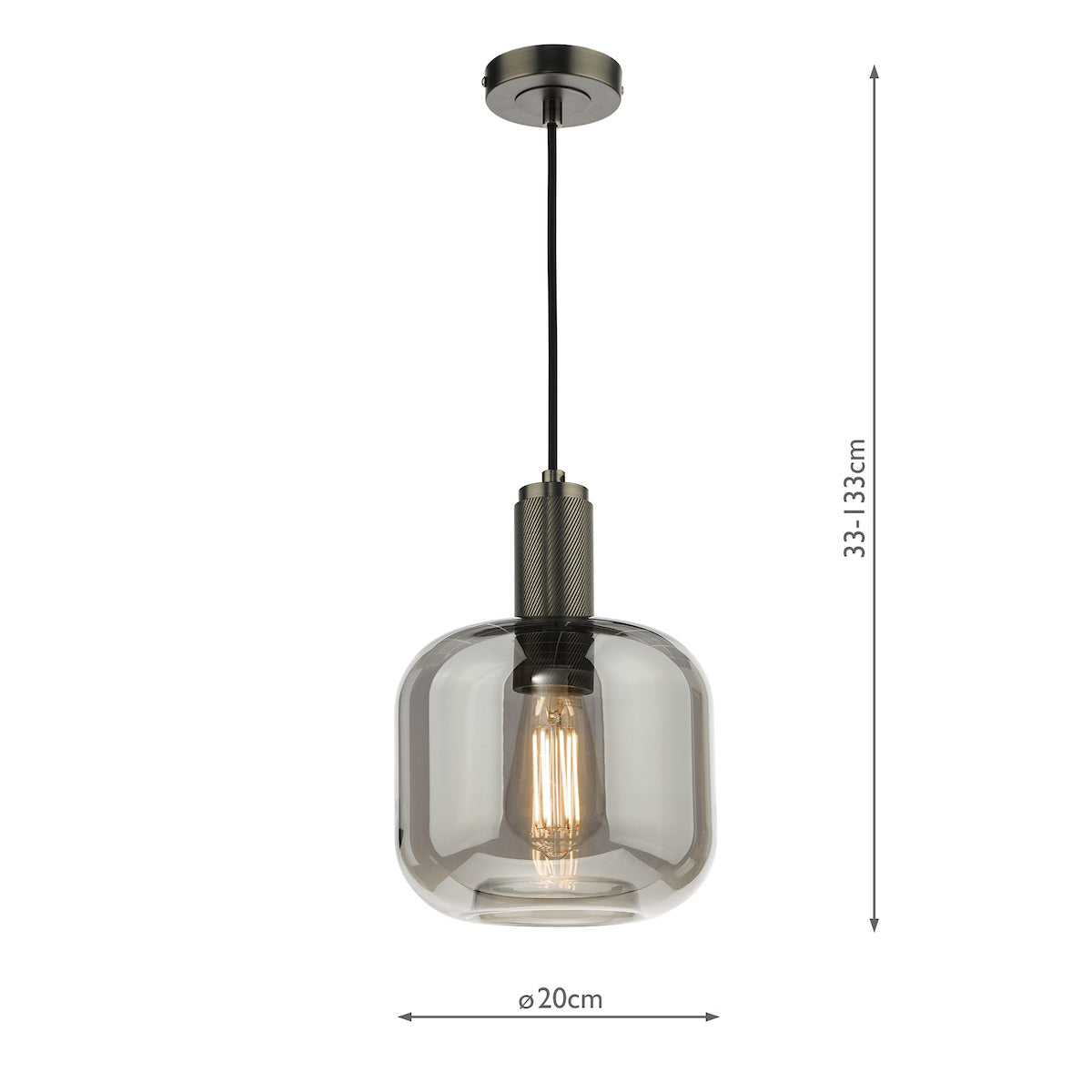 Modern pendant light with smoked glass shade and exposed filament bulb, adjustable height 33-133cm