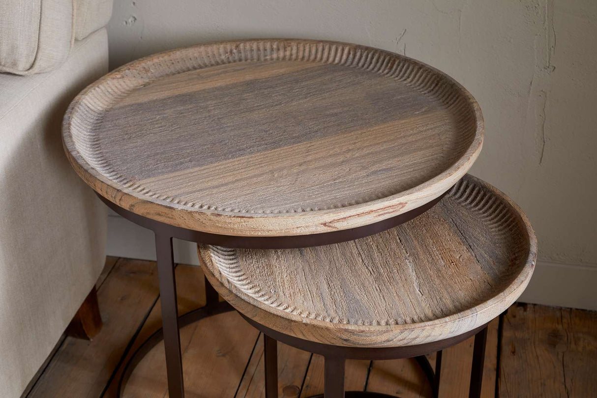 Nkuku Nisha Carved Reclaimed Wood & Iron Nesting Side Tables Natural