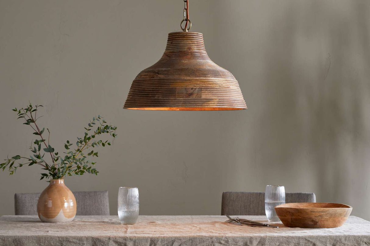 Nkuku Nadi Grooved Wood Pendant Natural & Antique Brass