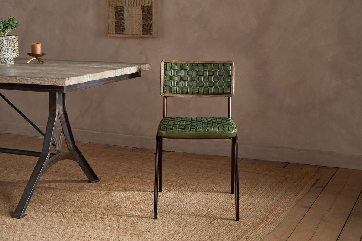 Nkuku Amala Leather Weave & Iron Dining Chair Rich Green