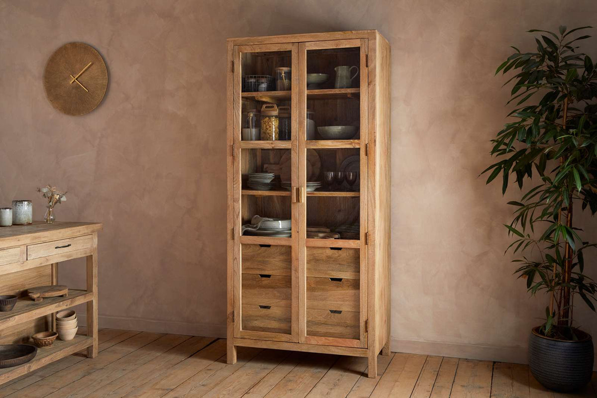 Nkuku Artha Mango Wood & Glass Tall Cabinet Wide