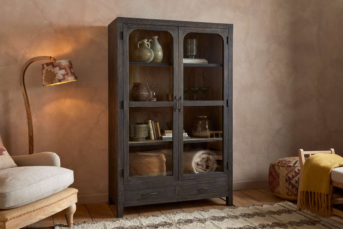 Nkuku Valin Mango Wood & Glass Cabinet Charcoal Wide