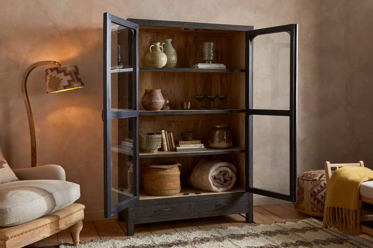 Nkuku Valin Mango Wood & Glass Cabinet Charcoal Wide