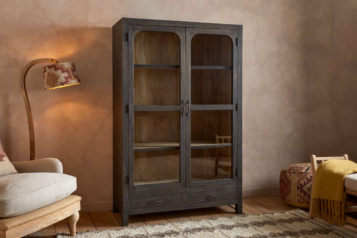 Nkuku Valin Mango Wood & Glass Cabinet Charcoal Wide