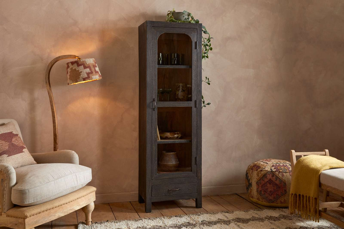 Nkuku Valin Mango Wood & Glass Cabinet Charcoal Tall