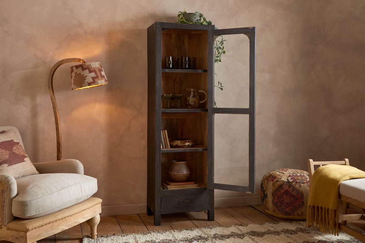 Nkuku Valin Mango Wood & Glass Cabinet Charcoal Tall