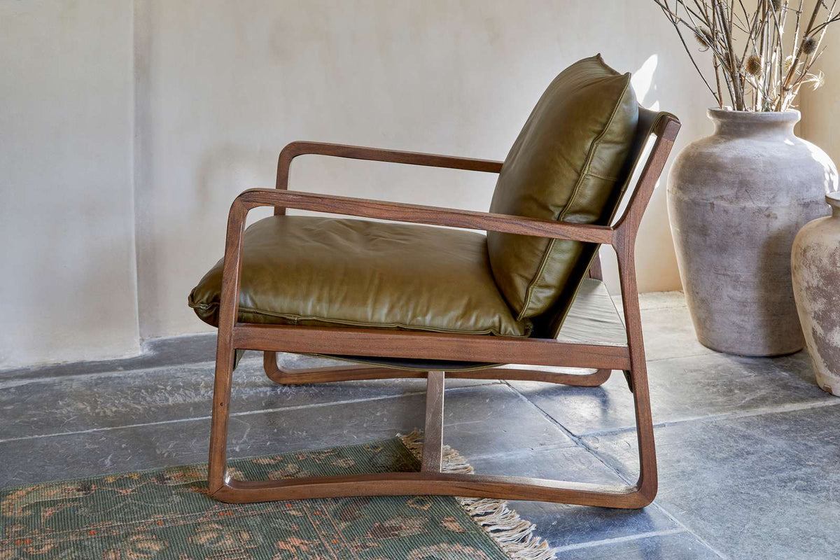 Nkuku Baloo Acacia Wood & Leather Occasional Chair Olive Green