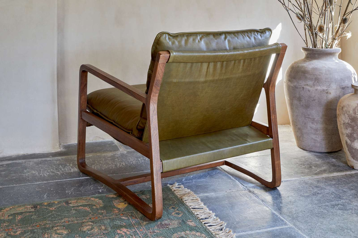 Nkuku Baloo Acacia Wood & Leather Occasional Chair Olive Green