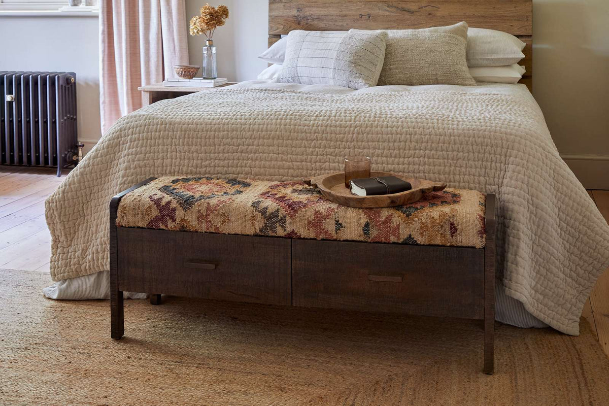 Nkuku Barir Mango Wood Upholstered Storage Bench Chocolate Brown