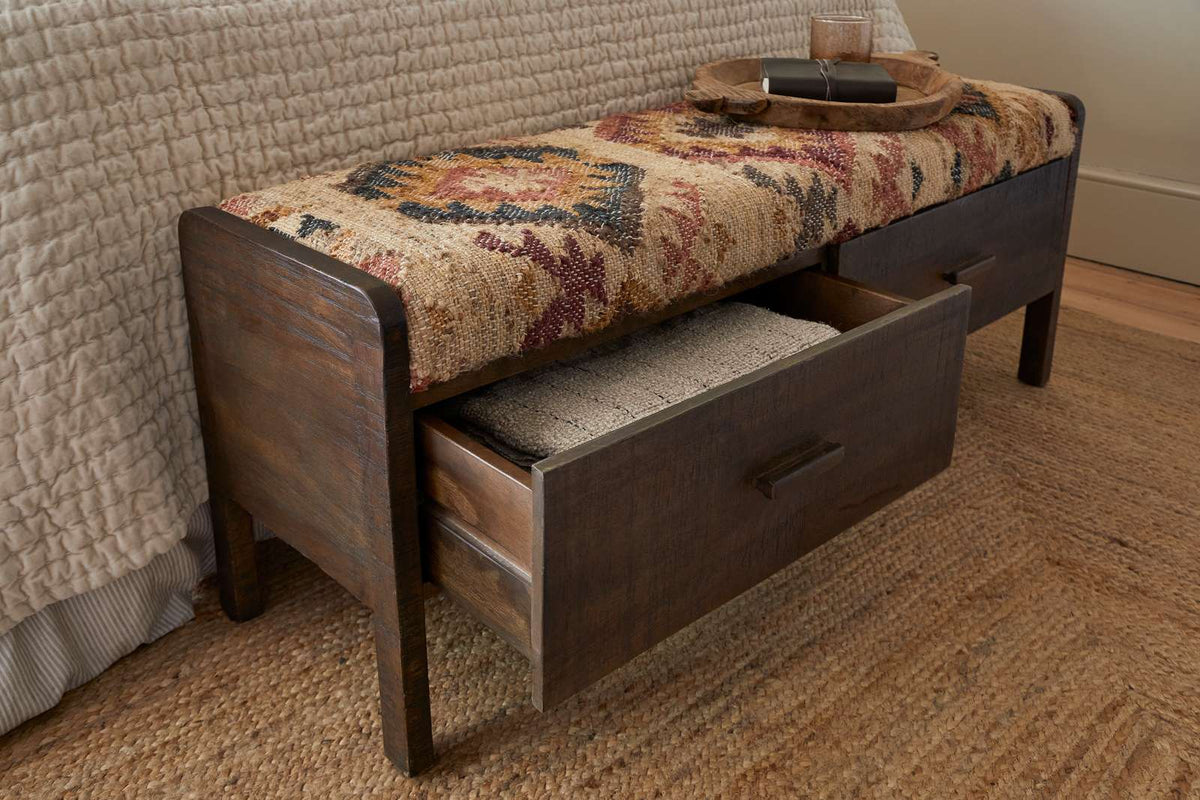 Nkuku Barir Mango Wood Upholstered Storage Bench Chocolate Brown
