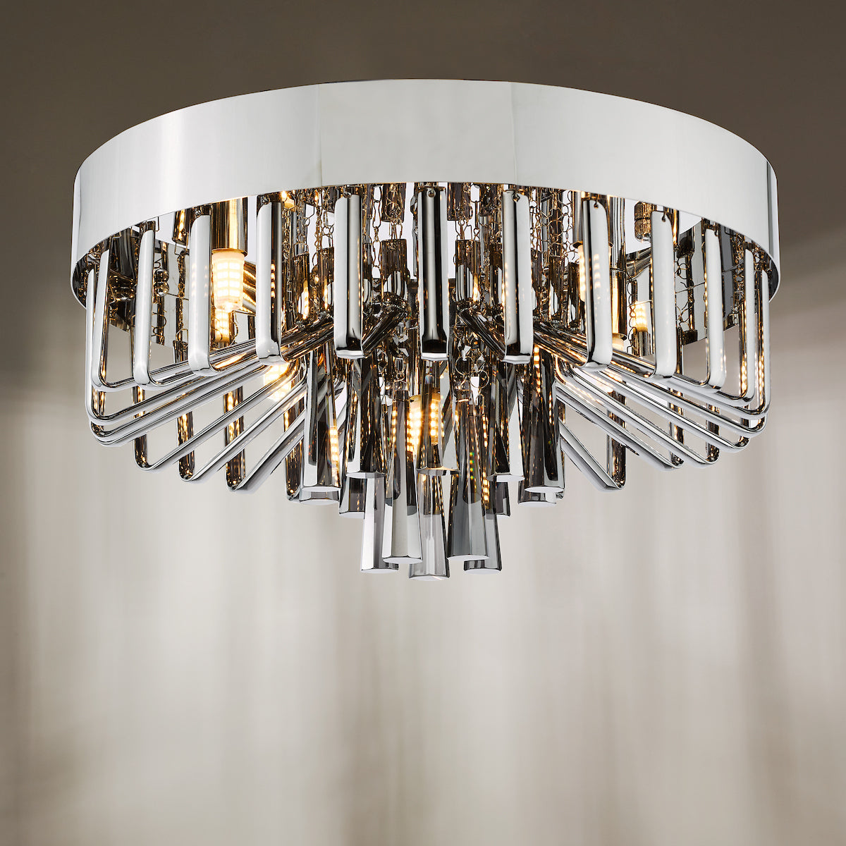 Dar Olin 5 Light Flush Polished Chrome and Smoked Glass
