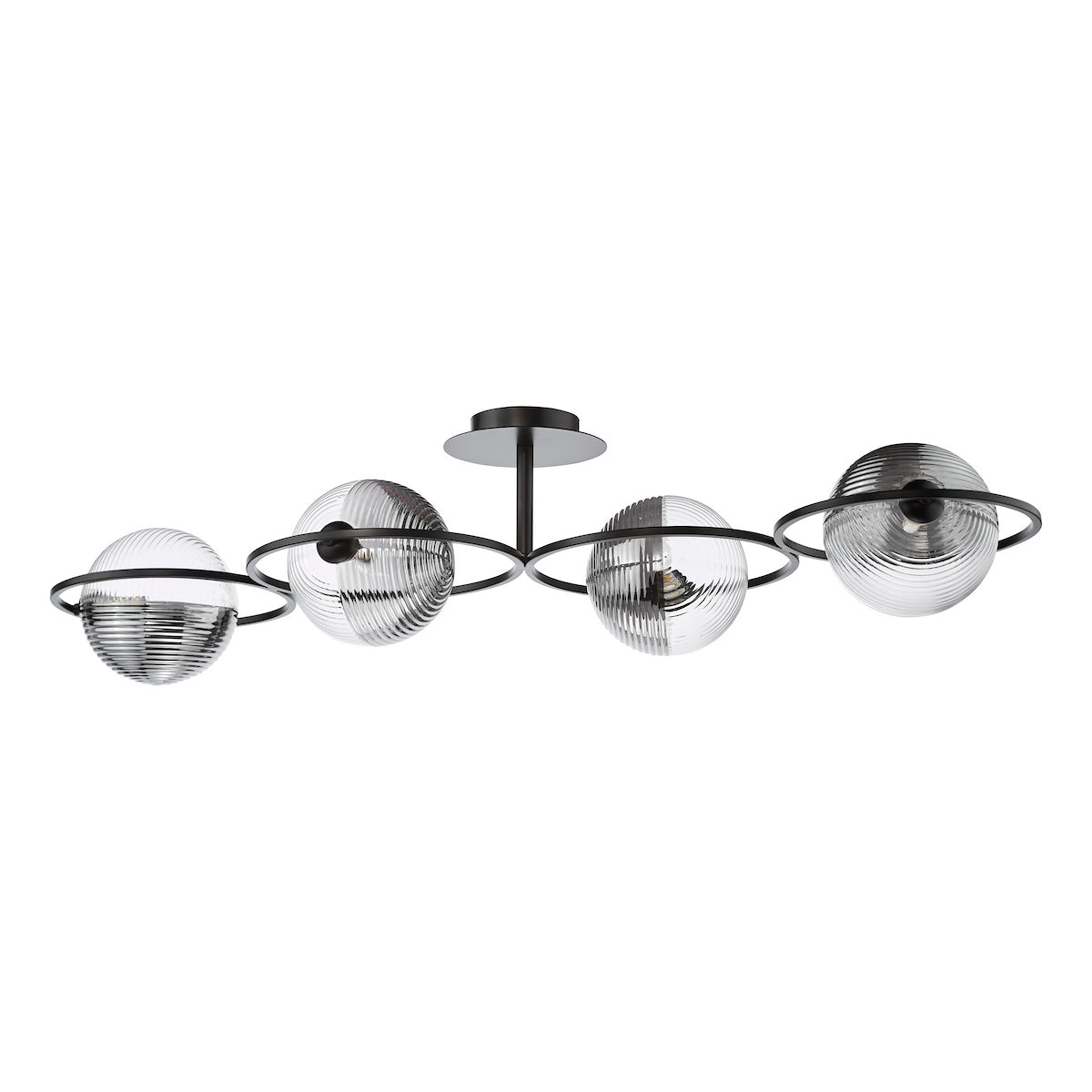 Dar Olympus 4 Light Semi-Flush Matt Black and Smoked/Clear Ribbed Glass