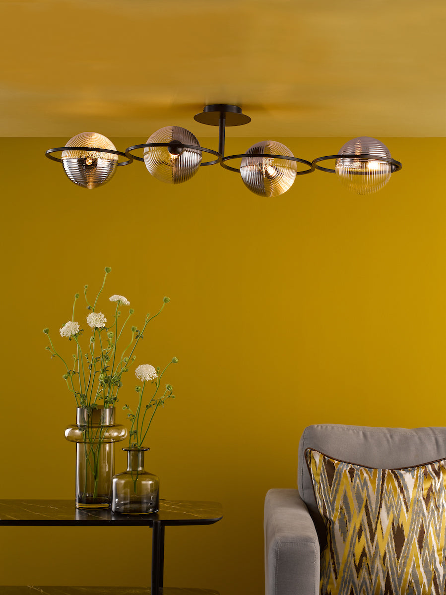 Dar Olympus 4 Light Semi-Flush Matt Black and Smoked/Clear Ribbed Glass