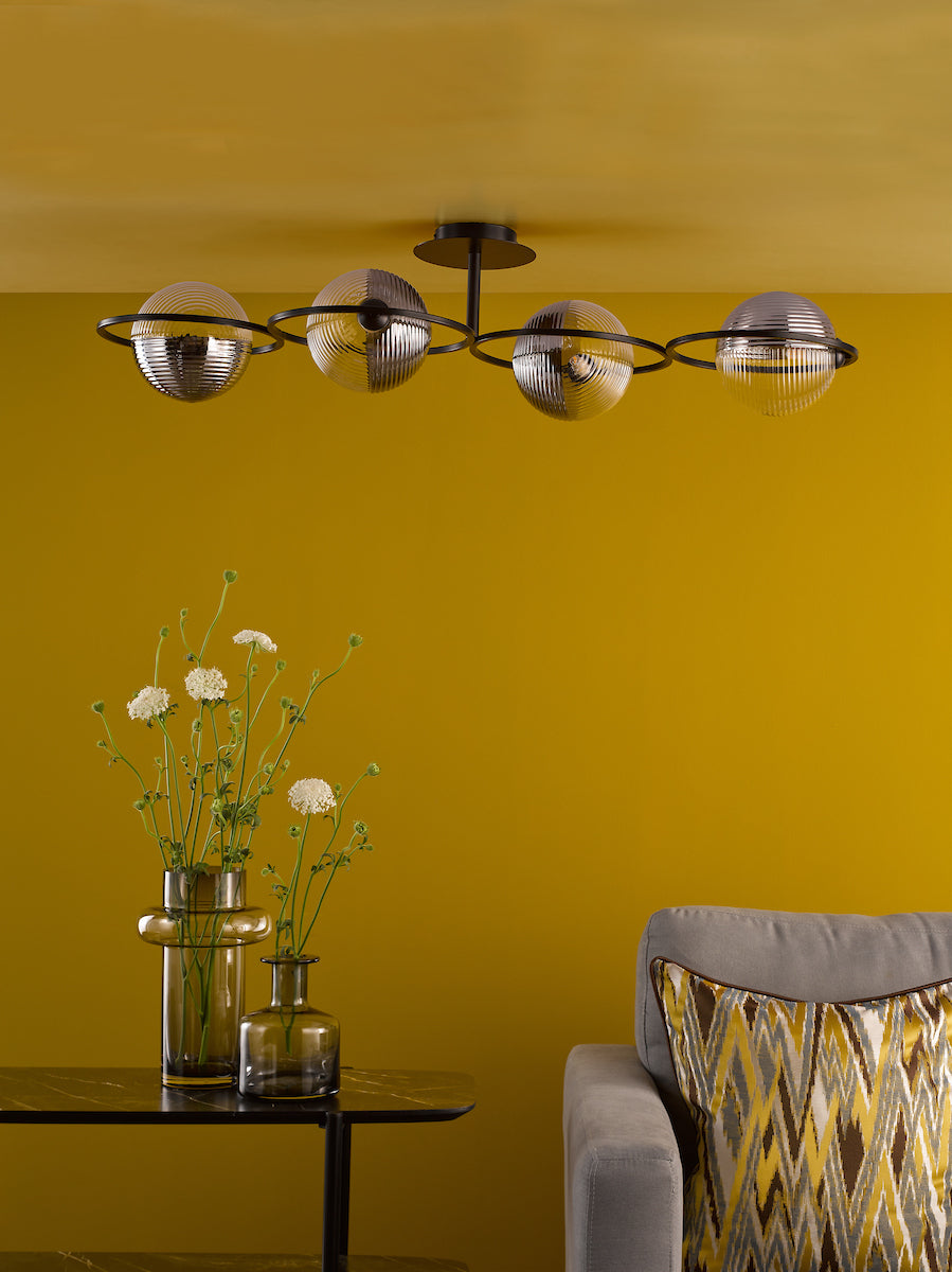 Dar Olympus 4 Light Semi-Flush Matt Black and Smoked/Clear Ribbed Glass