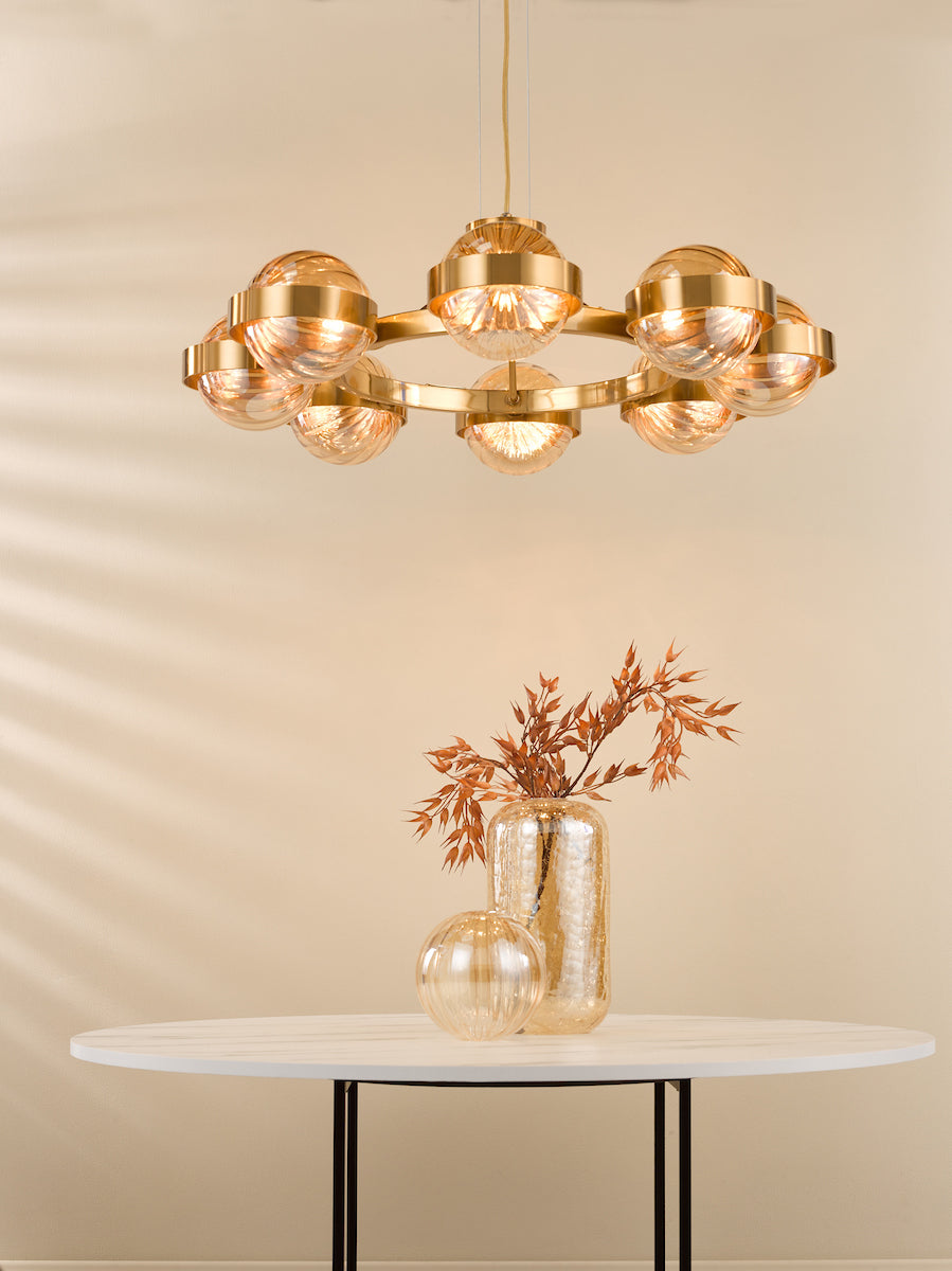 Dar Ophira 8 Light Pendant Antique Gold and Amber Ribbed Glass