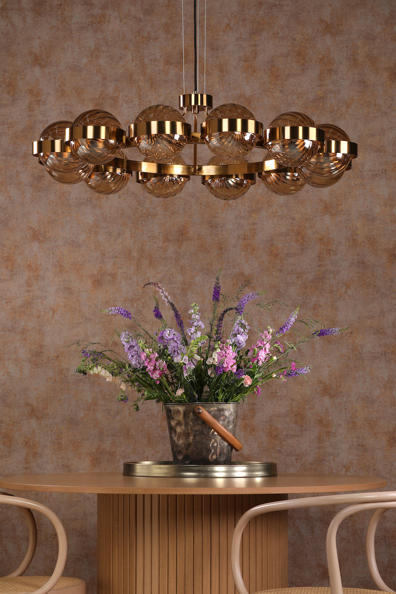 Dar Ophira 12 Light Pendant Antique Gold and Amber Ribbed Glass