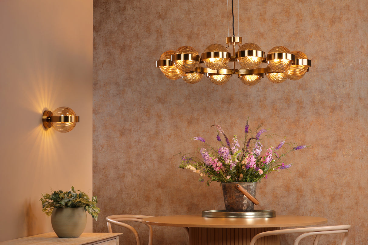 Dar Ophira 12 Light Pendant Antique Gold and Amber Ribbed Glass