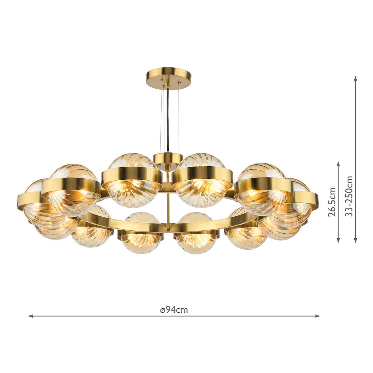 Dar Ophira 12 Light Pendant Antique Gold and Amber Ribbed Glass