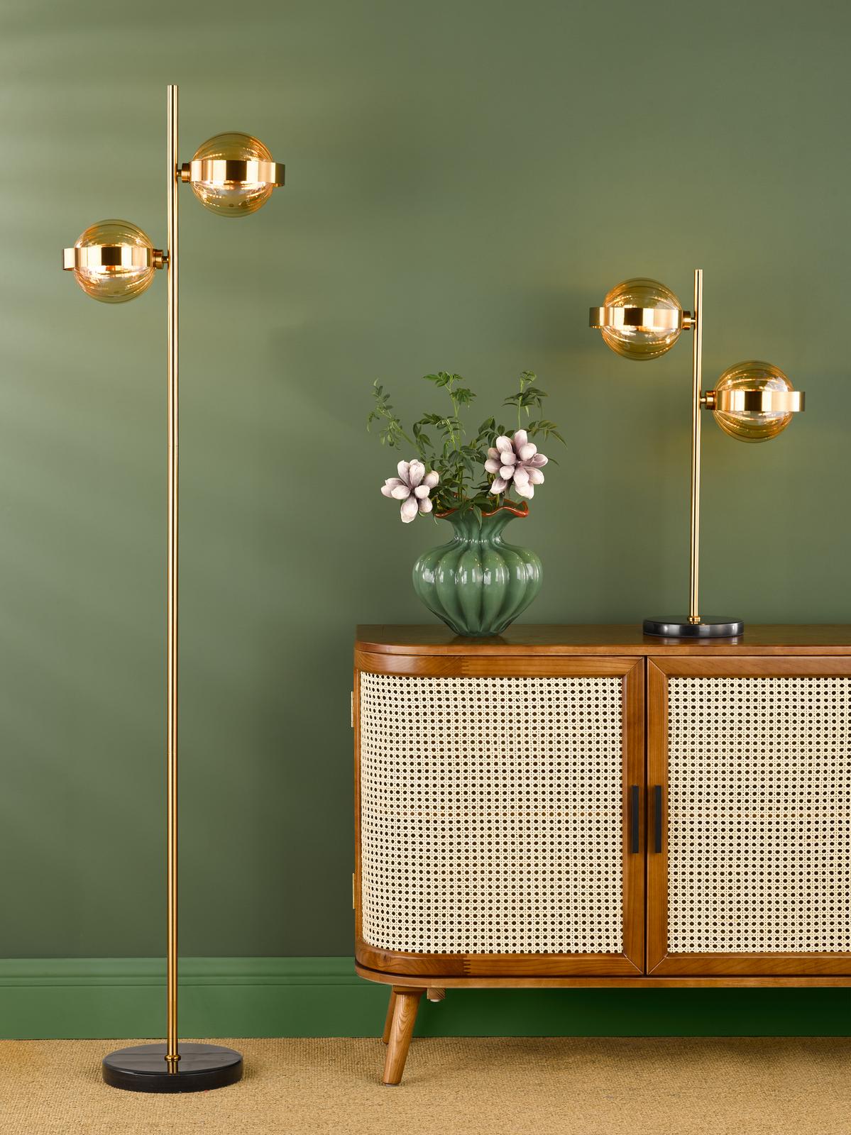 Dar Ophira 2 Light Table Lamp Antique Gold Black Marble and Amber Ribbed Glass