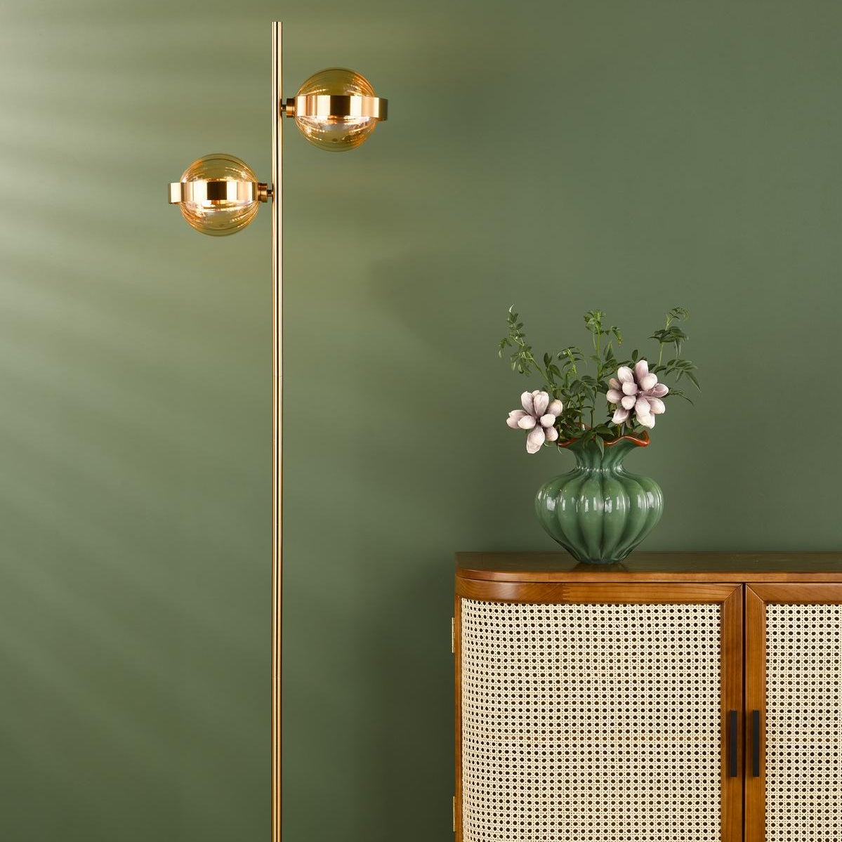 Dar Ophira 2 Light Floor Lamp Antique Gold Black Marble and Amber Ribbed Glass
