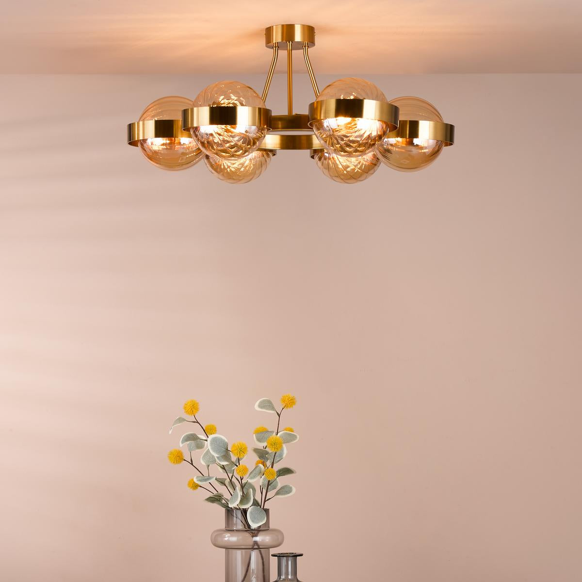 Dar Ophira 6 Light Semi-Flush Antique Gold and Amber Ribbed Glass