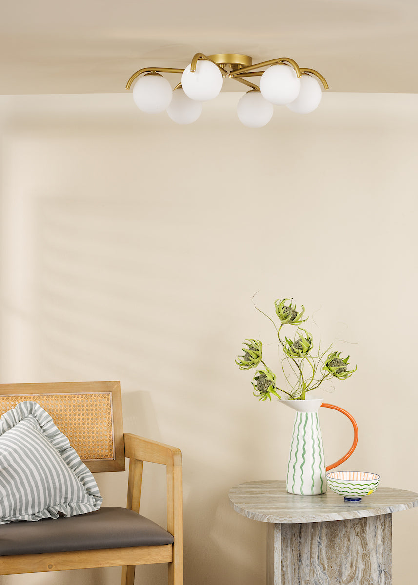 Dar Orlena 6 Light Flush Satin Gold and Opal Glass