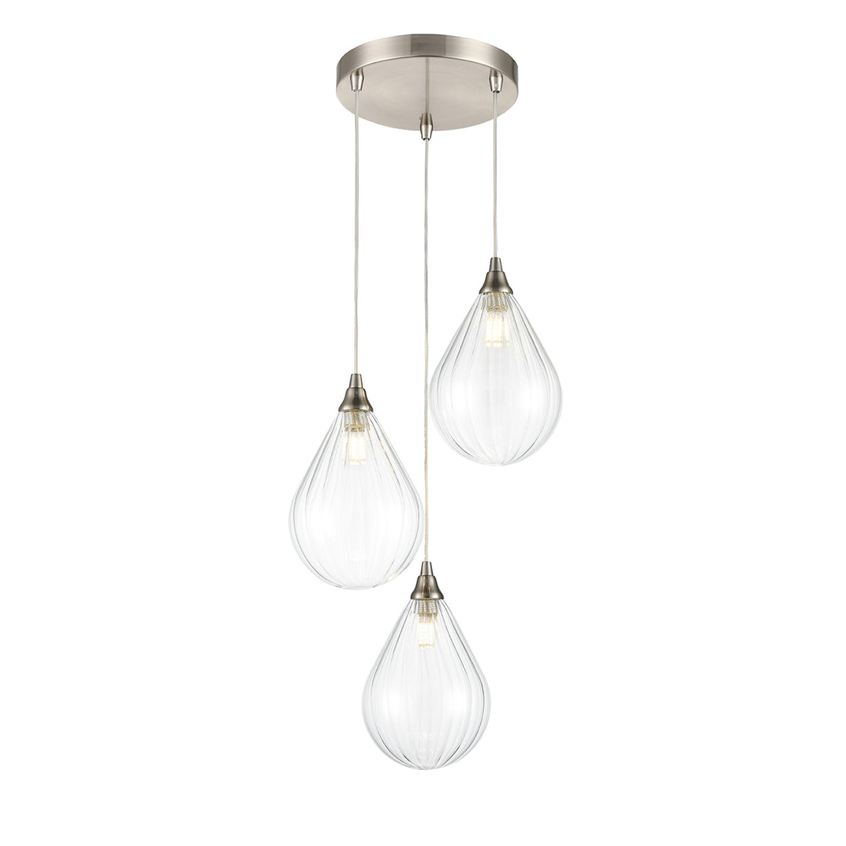 Modern triple pendant light fixture with three clear ribbed glass teardrop shades and brushed nickel mounts