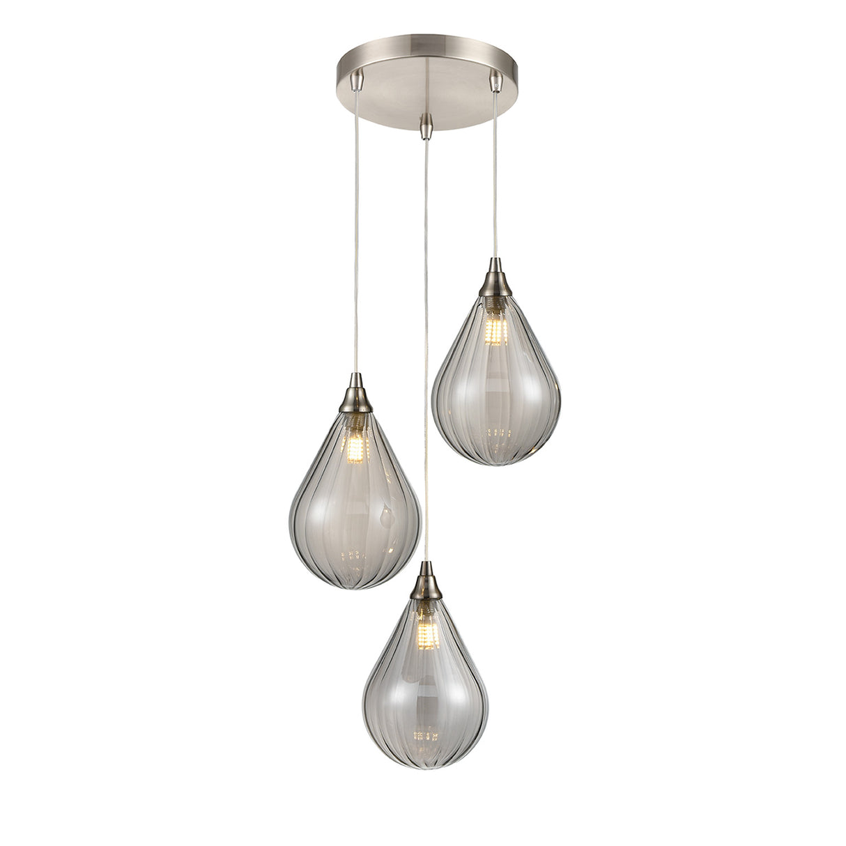 Modern 3-light pendant chandelier with ribbed teardrop glass shades and brushed metal ceiling mount