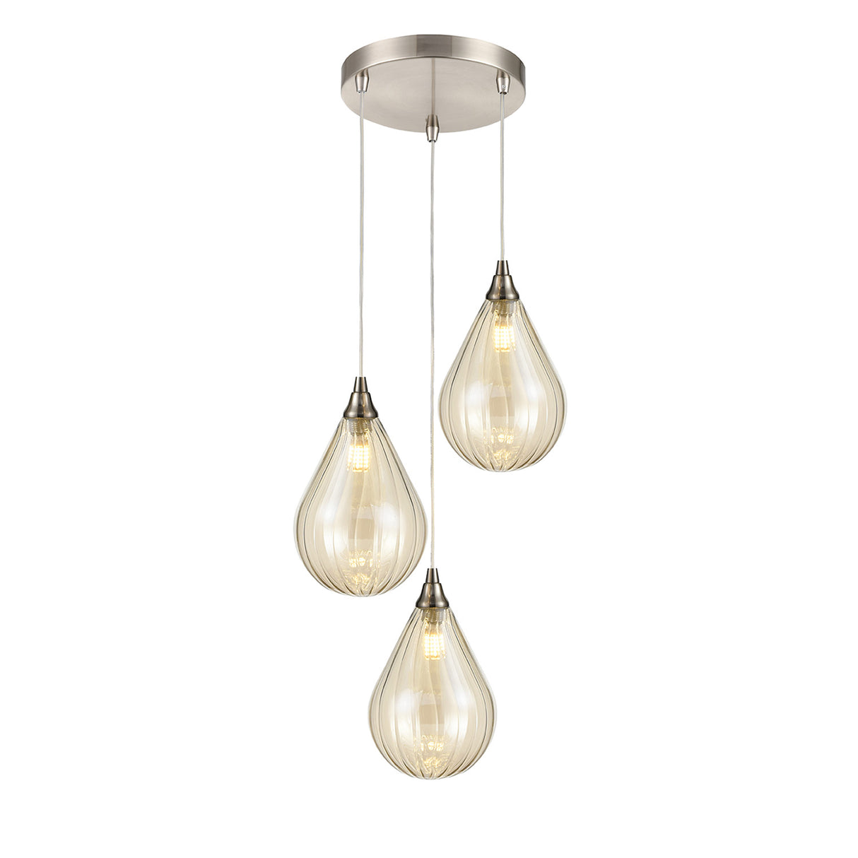 Modern triple teardrop pendant light with ribbed glass shades and warm LED bulbs