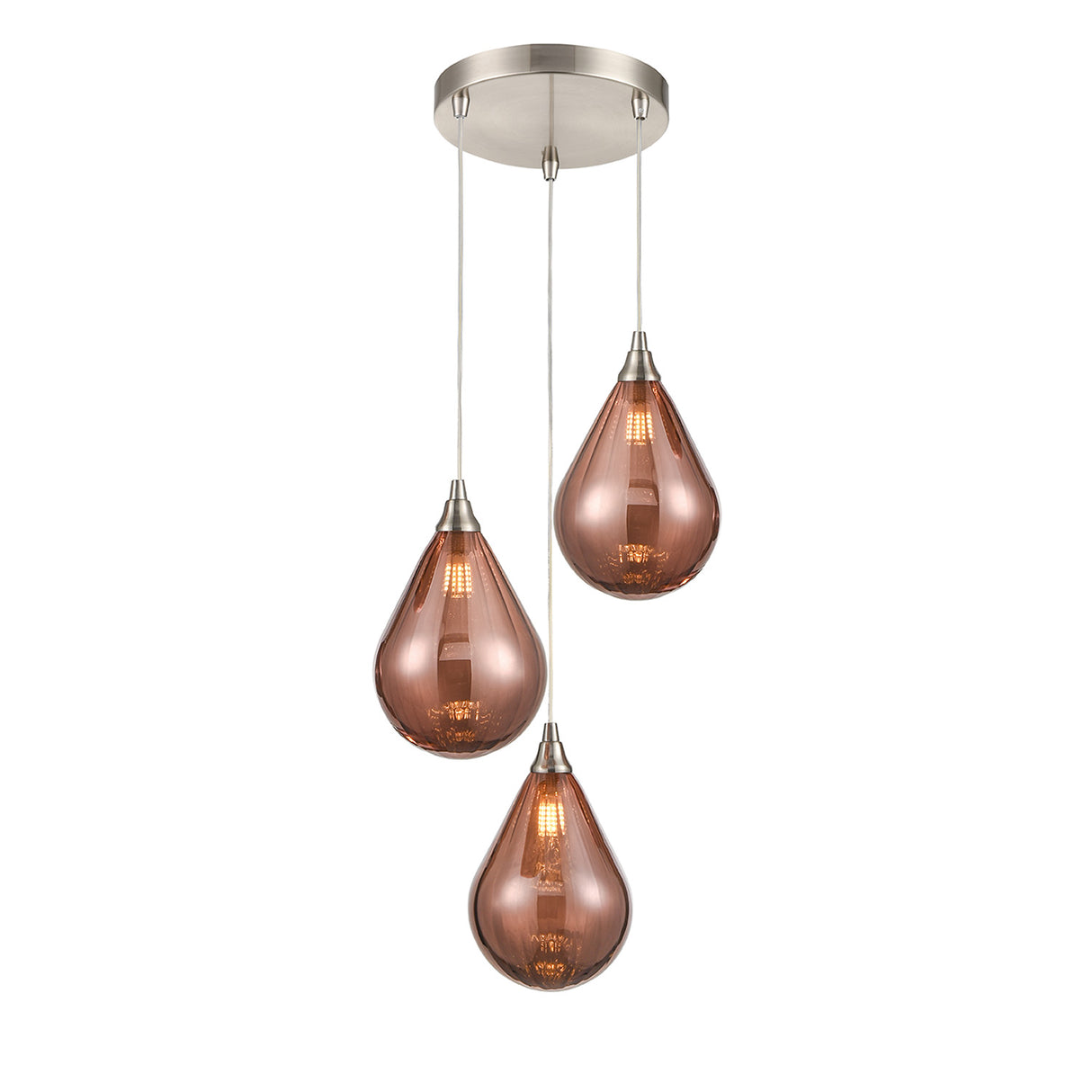 Modern pendant light fixture with three amber glass teardrop-shaped shades and brushed metal accents