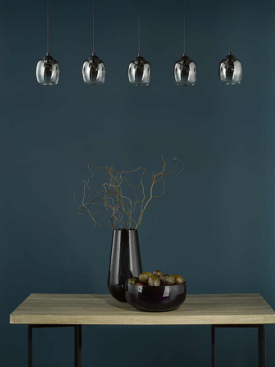 Dar Ramona 5 Light Bar Pendant Matt Black and Smoked Ombre Glass LED