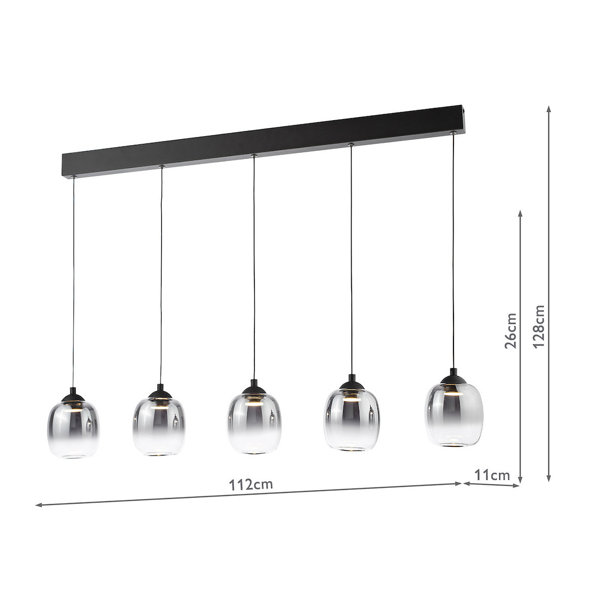 Dar Ramona 5 Light Bar Pendant Matt Black and Smoked Ombre Glass LED