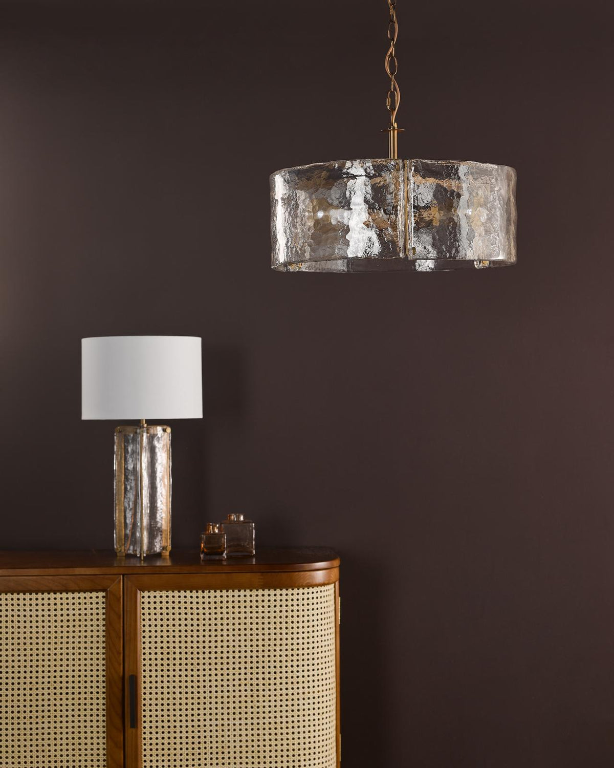Dar Ravis 3 Light Pendant Antique Bronze and Textured Glass